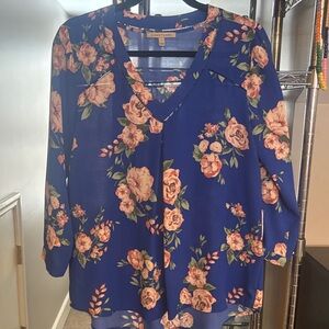 41 Hawthorn Floral V-Neck Blouse - Blue and Peach